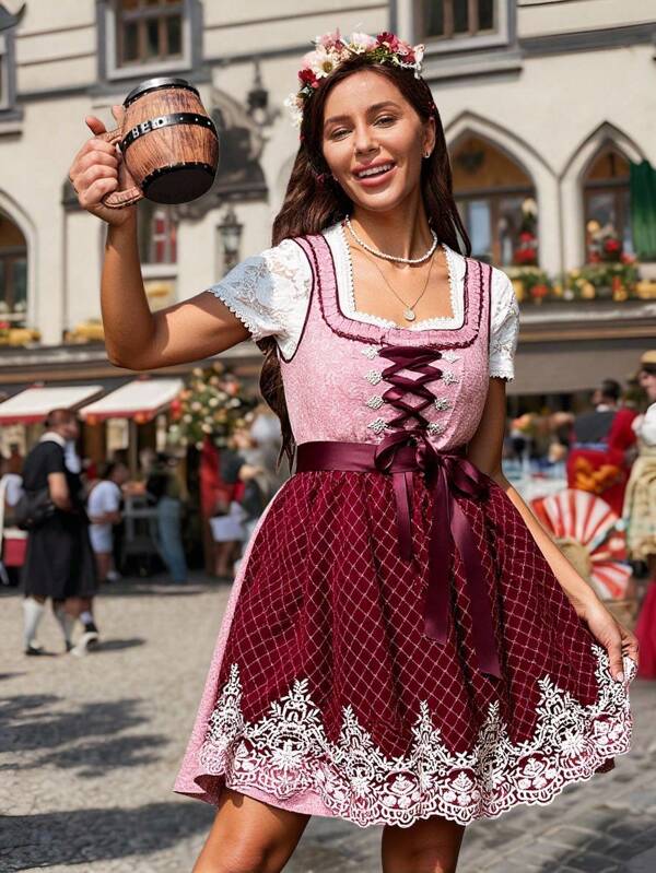 SHEIN Frenchy 2025 Nuovo Abito elegante da donna con design a vita annodata e pizzo a contrasto senza maniche, Abito rosso da donna con ricamo tridimensionale in vita e fiocco anteriore, con ricamo floreale, balze e design a fiocco, Abbigliamento bavarese stile Oktoberfest, Abito da festa, Abito Dirndl stile tedesco Oktoberfest, Abito in pizzo stile country per donna, Abito Dirndl da donna con stampa a pois, patchwork e ricamo floreale, orlo in rete, elegante, Dirndl Oktoberfest, Abito in pizzo ricamato stile retrò, Abito tradizionale tedesco