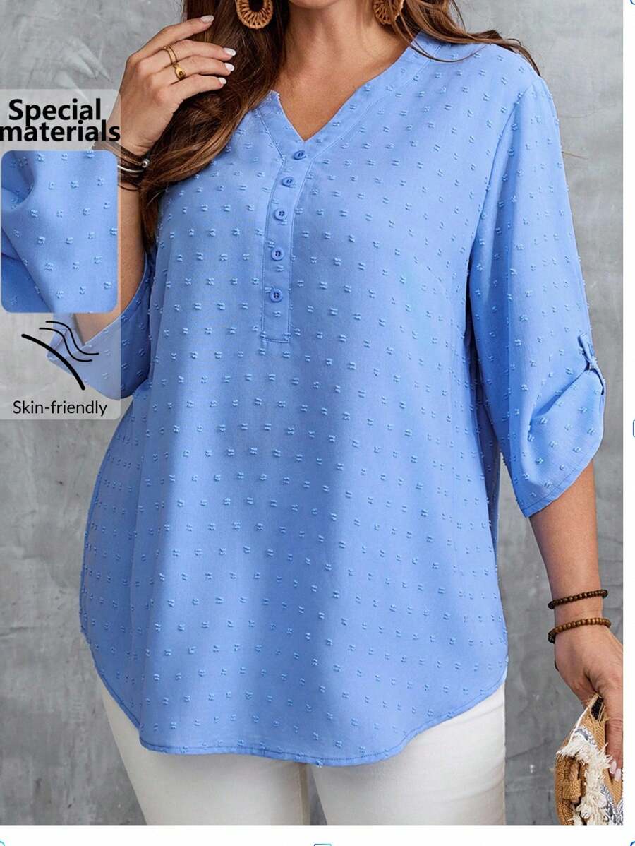 EMERY ROSE Áo sơ mi nữ cỡ lớn màu trơn tay xắn cài nút dáng rộng thoải mái màu xanh nhạt cổ chữ V, áo kiểu nữ màu xanh nhạt, áo cỡ lớn mùa thu, áo mùa thu, áo cỡ lớn dành cho giáo viên, áo đi chơi, áo công sở thường ngày cho nữ có đường cong, áo cơ bản, áo sơ mi cài nút nữ, áo mùa xuân/hè/nghỉ lễ. - Màu xanh lam - Xem 1