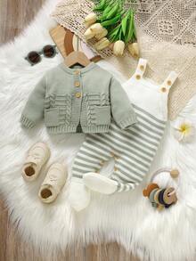 SHEIN 2pcs Newborn Baby Green Sweater Set: Round Neck Long Sleeve Cardigan With Pockets + Striped Suspender Romper Fall Winter