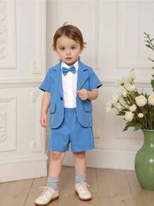 SHEIN Baby Boy Summer Casual Solid Color Short Sleeve Shirt And Jacket With Shorts Set - Blue - View 1