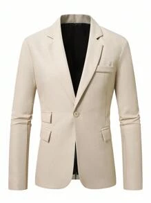 Manfinity Bizformal 男士纯色提花翻领西装外套，适合工作、通勤、聚会 - 卡其色 - 查看 4