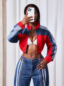 Slaydiva Chaqueta de mezclilla corta de mujer con bloqueo de color lavado