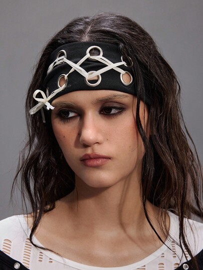 Grunge Punk 1pc Fashionable Punk Style Hollow Headband, Y2K Ribbon Element Elastic Hair Band, Versatile Daily Personalized Hair Accessory