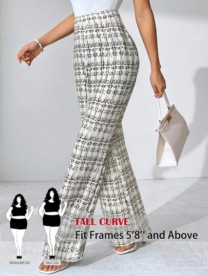 SHEIN Tall CURVE Pantalones elásticos de punto con estampado a cuadros para mujer de talla grande, adecuados para varias ocasiones, como vacaciones de verano, viajes elegantes y uso diario