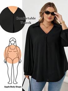 SHEIN CURVE+ Plus Size Women's Autumn And Winter Casual Loose And Comfortable V-Neck Black Long-Sleeved Shirt,Fall Women Clothes,Women Blouse,Curv Tops,Old Money,Black Top,Business Casual Women,Office Wear Women,W,Teacher Shirtsfall Clothes For Women,Winter,CURVE PLUS Plus Size Blouses Plus Size Black Shirt Plus Size V-Neck Blouse Plus Size Women Shirts Curvy Blouses
