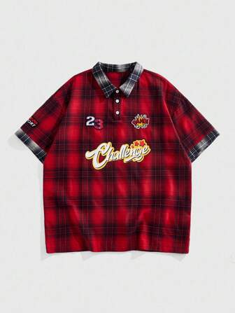 Prep Men's Patch Patchwork Plaid Print Polo Shirt, Emo