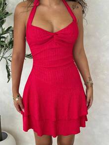 RebeccaVibe Sexy Backless Red Mini Dress With Neck Tie, Ruched Hem And Double Layer, Suitable For Party, Date, Valentine's Day,Summer Dresses For Women - Red - View 3