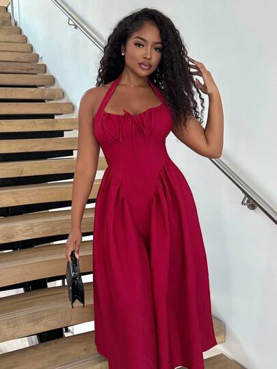 Alexandranx Women's Halter Neck Ruched Bow Swing Dress, Red Color Party Women Outfits,New Years Eve Outfit,Masquerade Ball Dress,Birthday Women Outfits,Sexy Red Dress,Dress With Bow Dress,Princess Women Dress For New Year,Summer Dresses For Women,Tea Party Dress