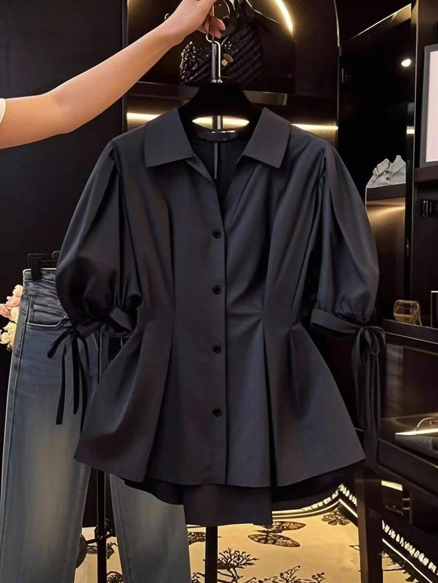 Franclia 女士优雅短袖衬衫，合身腰部和泡泡袖设计，引人注目