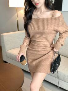DAZY 女士露肩韩版露肩长袖针织毛衣连衣裙，秋冬