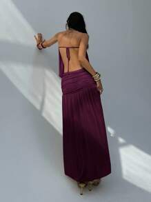 Aloruh 女士新款纯色露肩连衣裙，夏季服装，带褶饰设计的露背连衣裙，伞状下摆长裙，透视连衣裙 - 紫紅色 - 查看 3