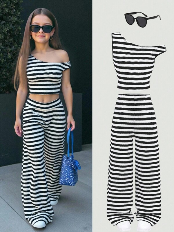 SHEIN Tween Girl Casual Asymmetric Textured Black & White Striped Cropped Off-Shoulder T-Shirt And Pants 2 Pieces Set