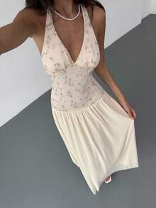 Aloruh Elegant Dresses For Party Apricot Romantic Date Party Ball Gown Halter Backless Deep V Flared Dress For Women - Apricot - View 1