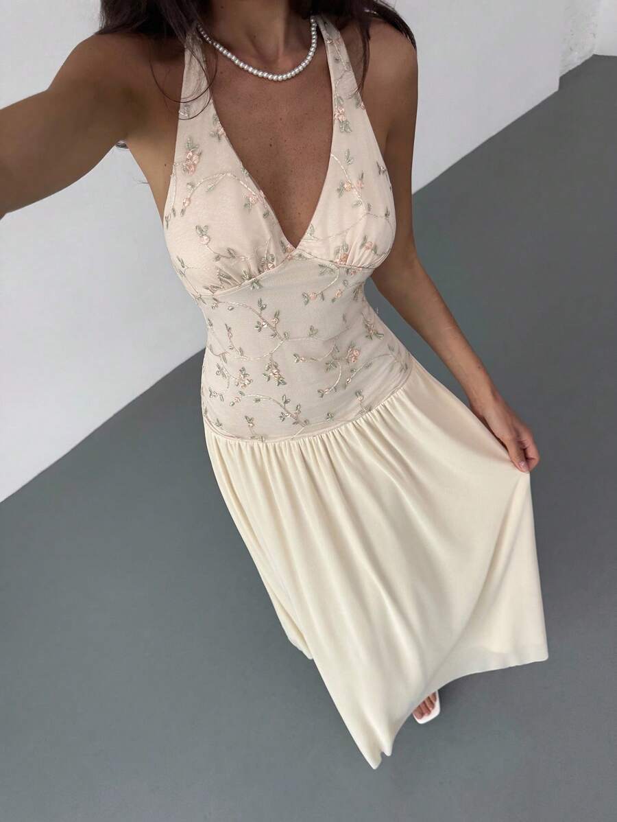 Aloruh Elegant Dresses For Party Apricot Romantic Date Party Ball Gown Halter Backless Deep V Flared Dress For Women - Apricot - View 1