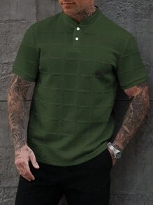 Manfinity Homme 男士休闲纯色纹理立领短袖 Polo 衫 - 墨綠色 - 查看 3