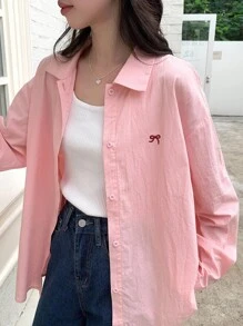 Dazy Kids 少女宽松休闲蝴蝶结刺绣衬衫，秋季 - 粉色 - 查看 1