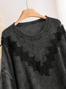 CosyJoli Suéter de punto con encaje lavado y desgastado de estilo francés elegante y casual para mujeres de talla grande en otoño/invierno - Negro - Ver 2
