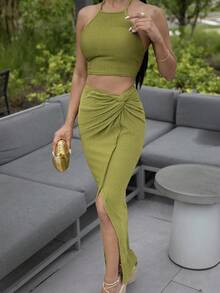 Carolina Barros Solid Crop Halter Top & Twist Front Split Thigh Skirt Two Piece - Green - View 3