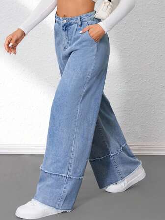 SHEIN Tall 女士休闲破洞阔腿牛仔裤秋季女装返校节简约商务休闲女式牛仔裤