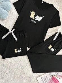 Cute Cat Print 3-Piece Pajama Set With Shorts - Black - View 3