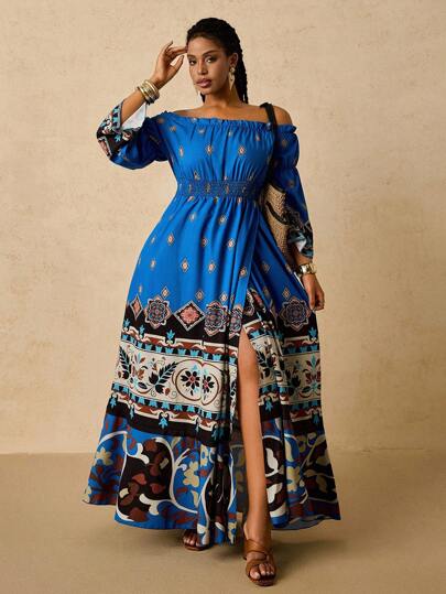 SHEIN VCAY Vestido midi con hombros descubiertos, volantes y mangas acampanadas con estampado floral para mujer de talla grande. Vestido maxi bohemio de talla grande en azul. Vestido maxi de estampado africano de talla grande. Vestido bohemio de talla grande para otoño. Ropa de mujer de estilo bohemio chic para vacaciones y salidas. Estilo urbano y costero. Ropa vintage de dinero antiguo. Atuendos de maestro. Ropa de regreso a la escuela. Vestido maxi de manga larga.