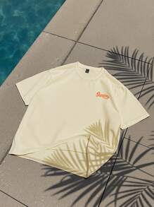 Manfinity Chillmode 男士休闲宽松沙滩图案圆领短袖T恤，夏季 - 杏色 - 查看 2