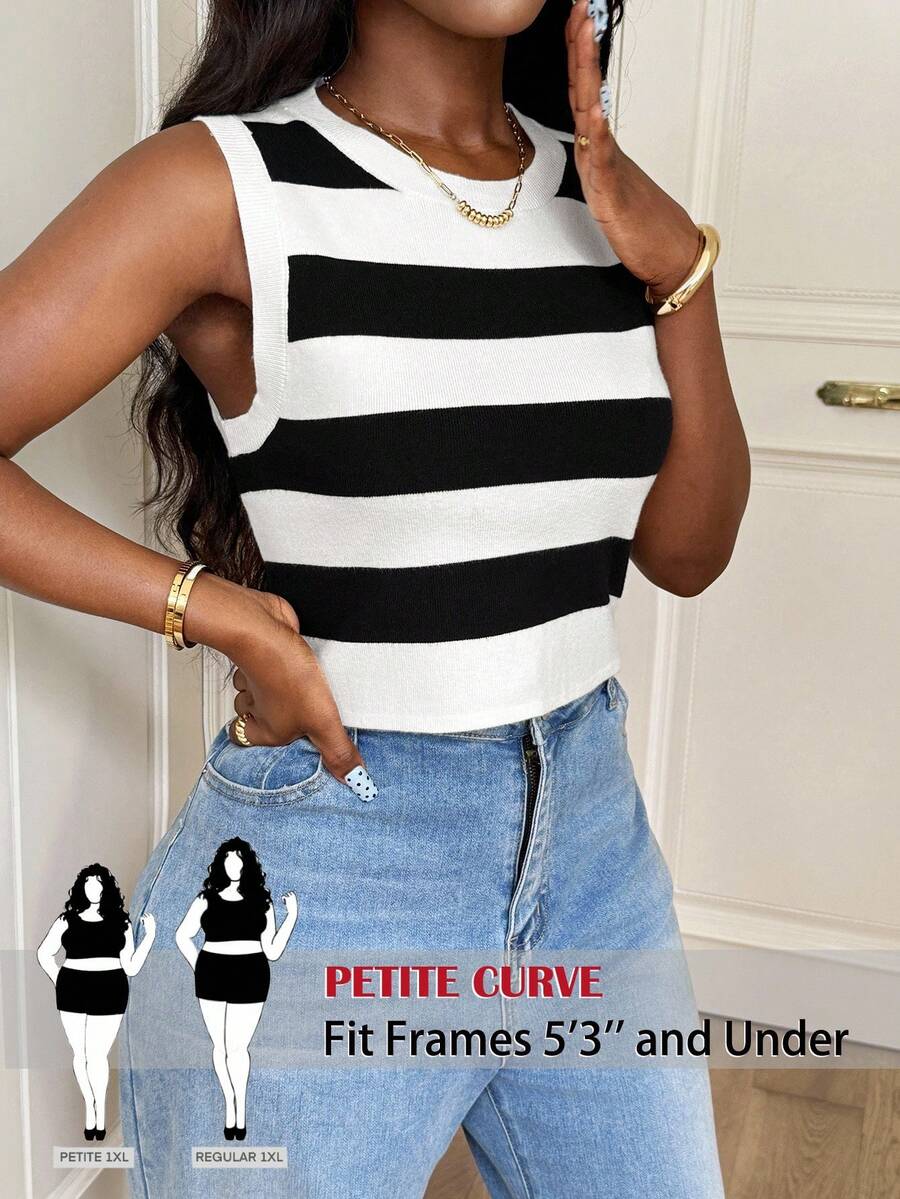 SHEIN PETITE CURVE 大码条纹短款针织上衣 - 黑與白 - 查看 1