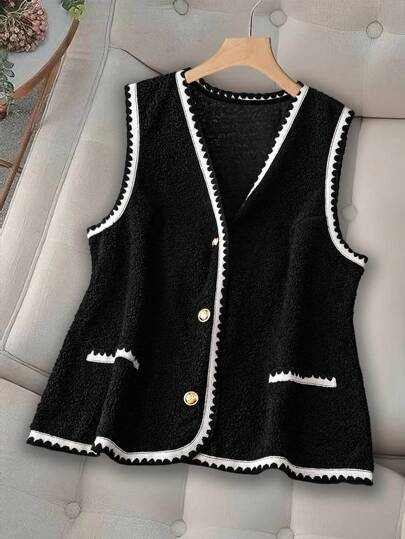 SHEIN PETITE CURVE 大码女式花朵装饰单排扣休闲背心夹克