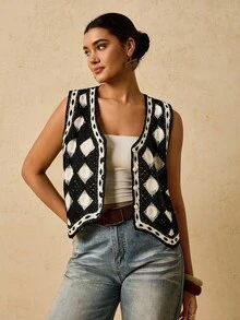 Travachic Áo len cardigan dệt kim họa tiết hoa nhiệt đới ngày lễ cỡ lớn cho nữ - Màu be - Xem 6