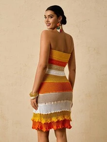 SHEIN VCAY Plus Size Contrast Color Knit Sweater Strapless Dress For Woman,Boho Yellow Orange Beach Cover Up,Tropical Holiday Vacation Autumn Winter Clothes - Orange - View 3