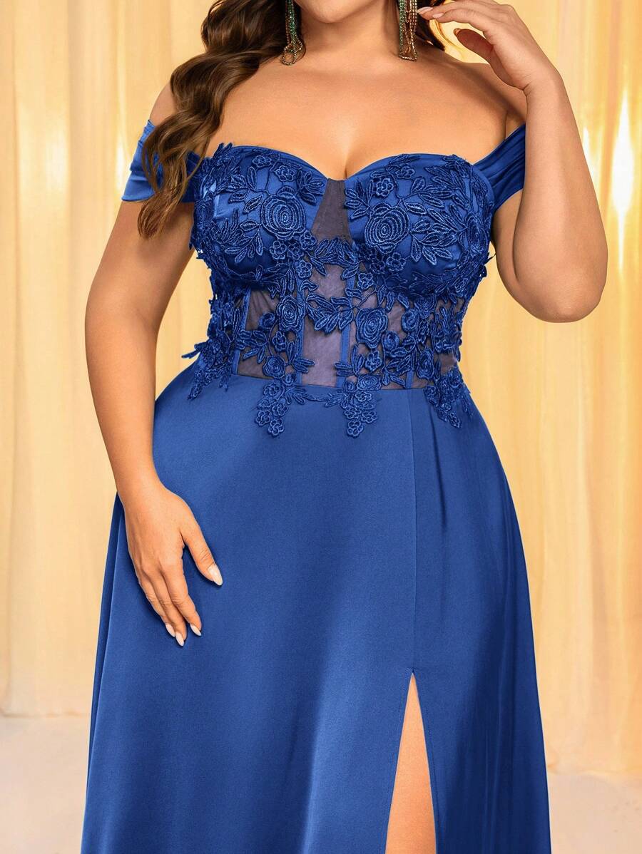 Glamrae 大码优雅浪漫甜心领露肩网眼透明贴花装饰高开衩超长 A 字型正式晚礼服 - 藍色 - 查看 1