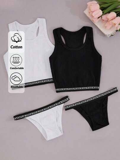 SHEIN Cottnline 2SETS Women's Bra And Underwear Set Letter Heart Print Rib-Knit Details Lingerie Set Women Thong Set Outfit For Women Sport Set For Women Sets For Women Summer Underwear For Women Set