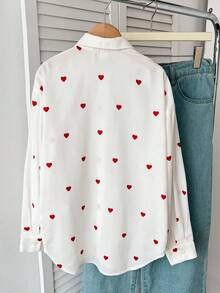 SHEIN 青少年女孩宽松休闲简约舒适翻领心形图案衬衫 - 白色 - 查看 2