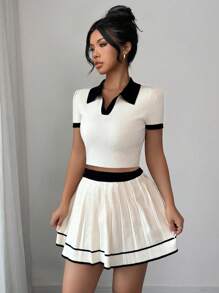 Elenzga Casual Beige Short Sleeve Shirt With Black Collar 2 Pieces Set, Vacation & School Inspired Style - Apricot - View 1