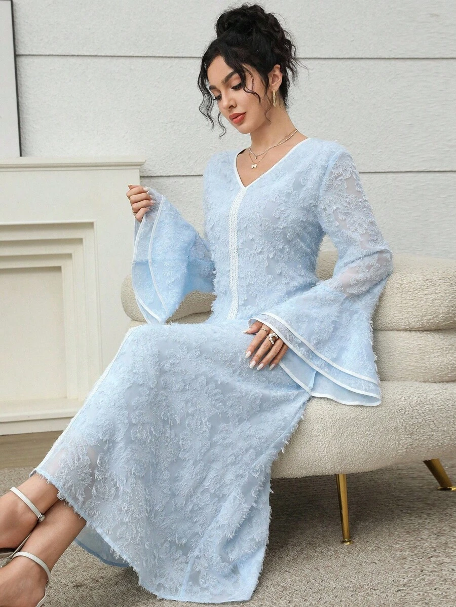 Yasmyna Váy kaftan ren tương phản cổ chữ V tay chuông dệt jacquard mềm mại thanh lịch dành cho nữ, Xuân/Thu - Màu xanh lam - Xem 1