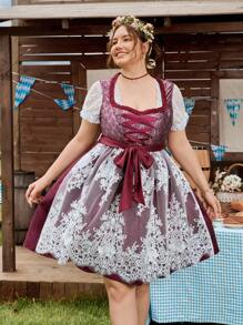 SHEIN Frenchy Dirndl-Kleid in Große Größen für Damen mit Bindedesign, Applikation und Netzeinsatz am Saum, elegantes Oktoberfest-Trachtenkleid im deutschen Traditionsstil - Bordeaux - Übersicht 6