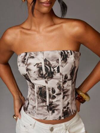 Athîral 女士优雅玫瑰印花抹胸上衣，夏季