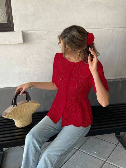 Pariaura Women's Embroidery Flowers Short Sleeve Crop Top, Hollow Embroidery