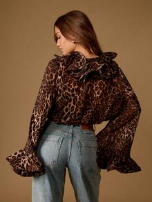 MISSGUIDED Leopard Print Organza Blouse Bell Sleeve Ruffle Collar Crop Top Evening Party Club Semi Sheer Puff Shoulder Statement Button Front Victorian