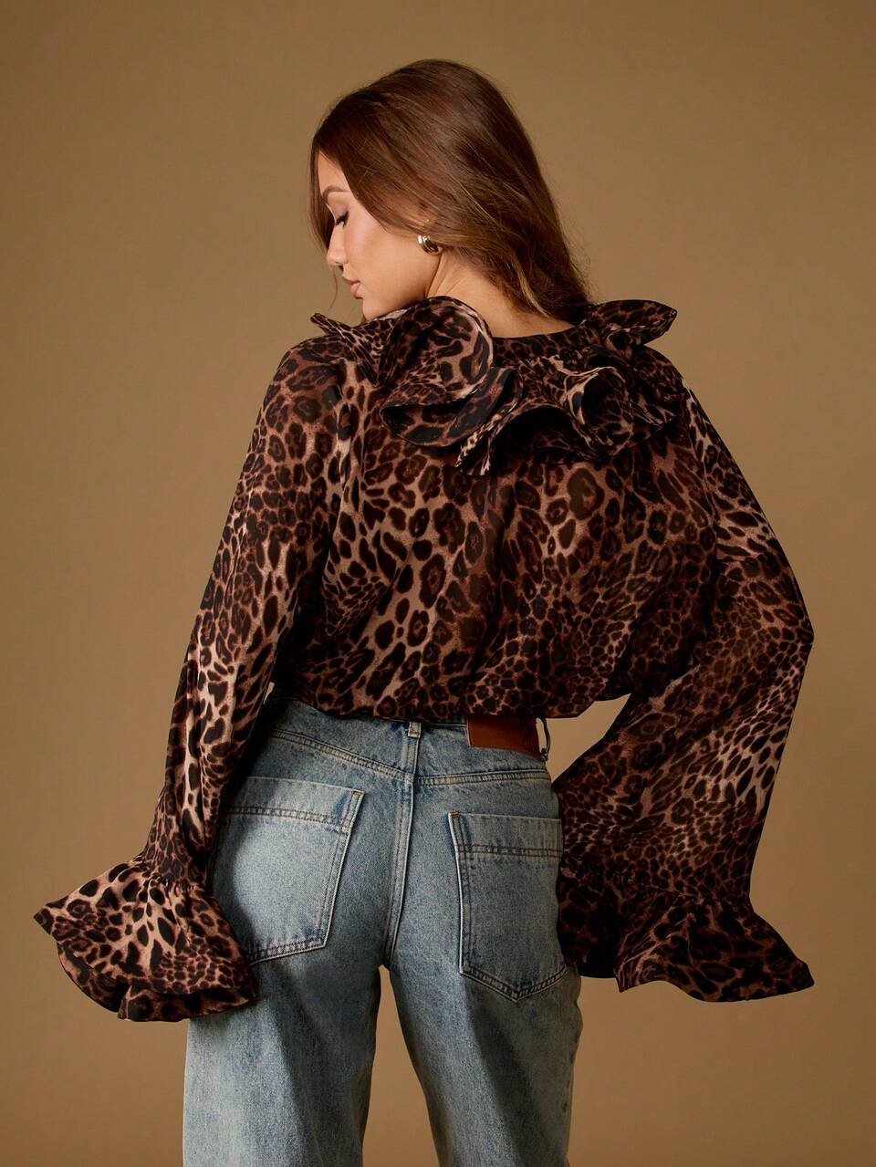 MISSGUIDED Leopard Print Organza Blouse Bell Sleeve Ruffle Collar Crop Top Evening Party Club Semi Sheer Puff Shoulder Statement Button Front Victorian