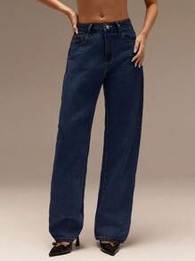 SHEIN Forever 21 Quần Jeans Nữ Mùa Xuân & Hè Lãng mạn/Dạ hội/Trang trọng/Sinh nhật/Thập niên 90/Trang phục công sở thường ngày/Thanh lịch/Phong cách phương Tây/Đi chơi/Thời trang/Thường ngày/Y2k/Câu lạc bộ/Văn phòng/Cocktail/Cổ điển/Rave/Vui nhộn/Sang trọng/Quý tộc/Thời trang dạo phố/Kỳ nghỉ/Buổi hòa nhạc đồng quê/Công sở/Khiêm tốn/Nghỉ xuân/Độc thân/Buổi hòa nhạc/Baddie/Cơ bản/Tốt nghiệp/Quần Jeans ống đứng cạp trễ màu xanh dương - Màu xanh hải quân - Xem 4