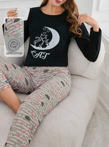 RueChic 100% Cotton 2Pcs  Cute Animal Printed Pj Set - Black - View 1