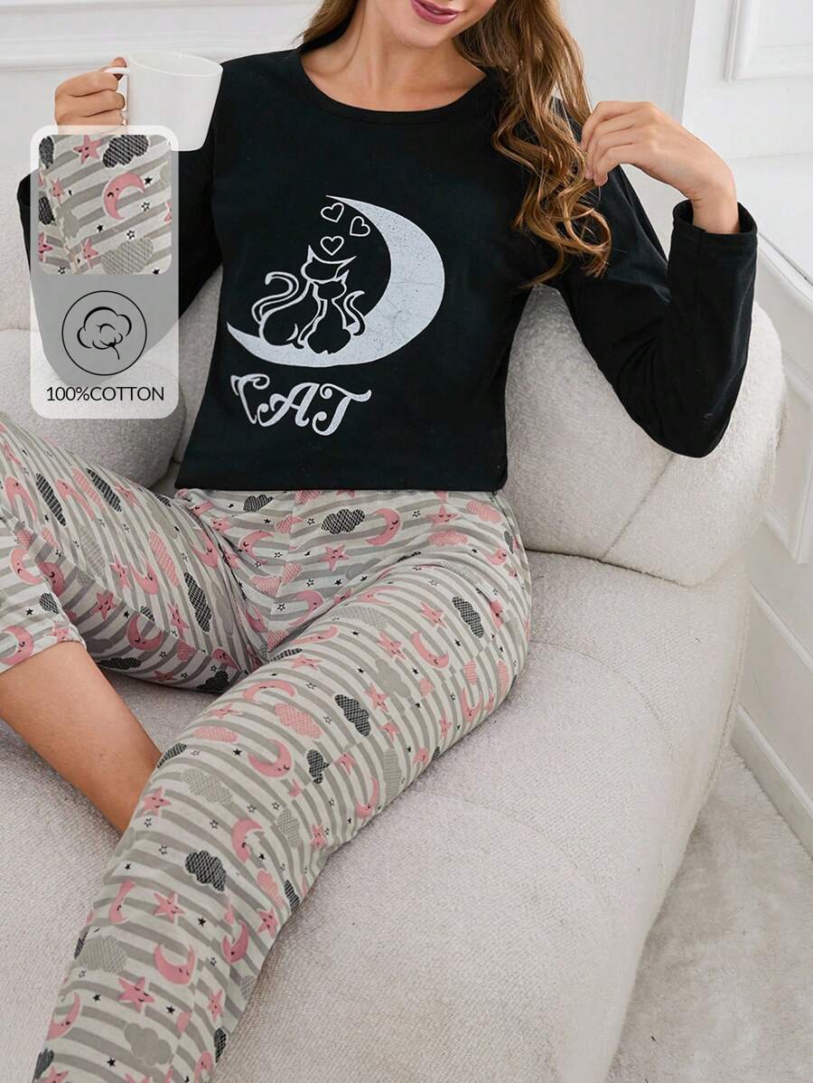 RueChic 100% Cotton 2Pcs  Cute Animal Printed Pj Set - Black - View 1