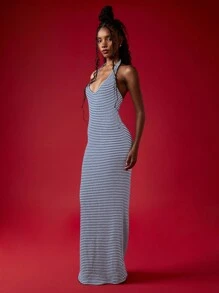 MISSGUIDED Elegant Fitted Halter Neck Maxi Dress Striped Form Fitting Bodycon Evening Party Summer Backless Long Floor Length Gown With Stretch