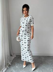 Rafferiza Neuer koreanischer Stil eleganter Schmetterlingsdruck Rundhals Kurzarm Pullover & hochtailliger Bodycon Rock 2 Stücke Set für Frauen für Frühling/Sommer