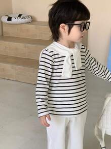 SHEIN Toddler Boys' Spring/Autumn Round Neck Long Sleeve Striped T-Shirt With Shawl Collar And Solid Color Pants Set, Versatile Outfit For Outdoor Play, Parties, Gatherings Chic Outfits For Autumn/Winter - White - View 4