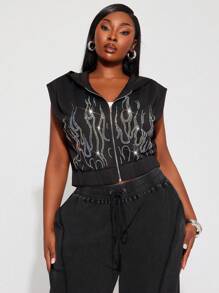 SHEIN SXY Plus Size Women Rhinestone Fire Pattern Zip Up Hooded Crop Sweatshirt,Teal,Summer,Casual,Graphic,Bussines,Night Out Club,Hip-Hop,Street Style,Shining - Black - View 3