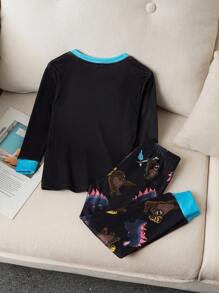 GODZILLAxKONG X SHEIN Young Boys' Cool & King Kong Cartoon Allover Print Contrast Color Block Crew Neck Top & Pants Snug Fit Ribbed Pajama Set Fall Winter