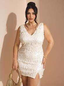 SHEIN BAE Plus Size Deep V-Neck Bodycon Mini Dress With Slit, Tight Fit, Suitable For Banquet, Event, Party, Cocktail Party, Night Out