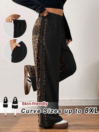 SHEIN CURVE+ 加大码豹纹拼布直筒宽松抽绳腰裤，秋冬休闲女装，冬季，CURVE PLUS